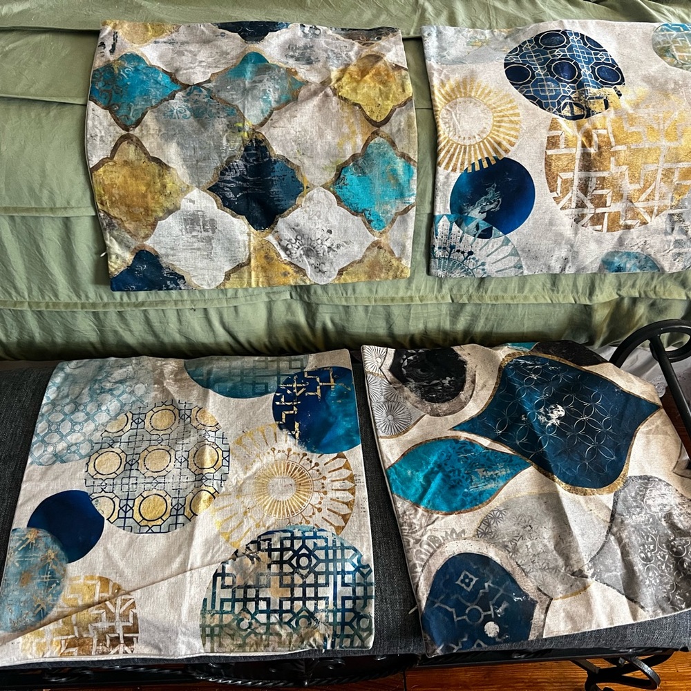 Set of Four blue and gold Abstract Patterned Pillow Covers